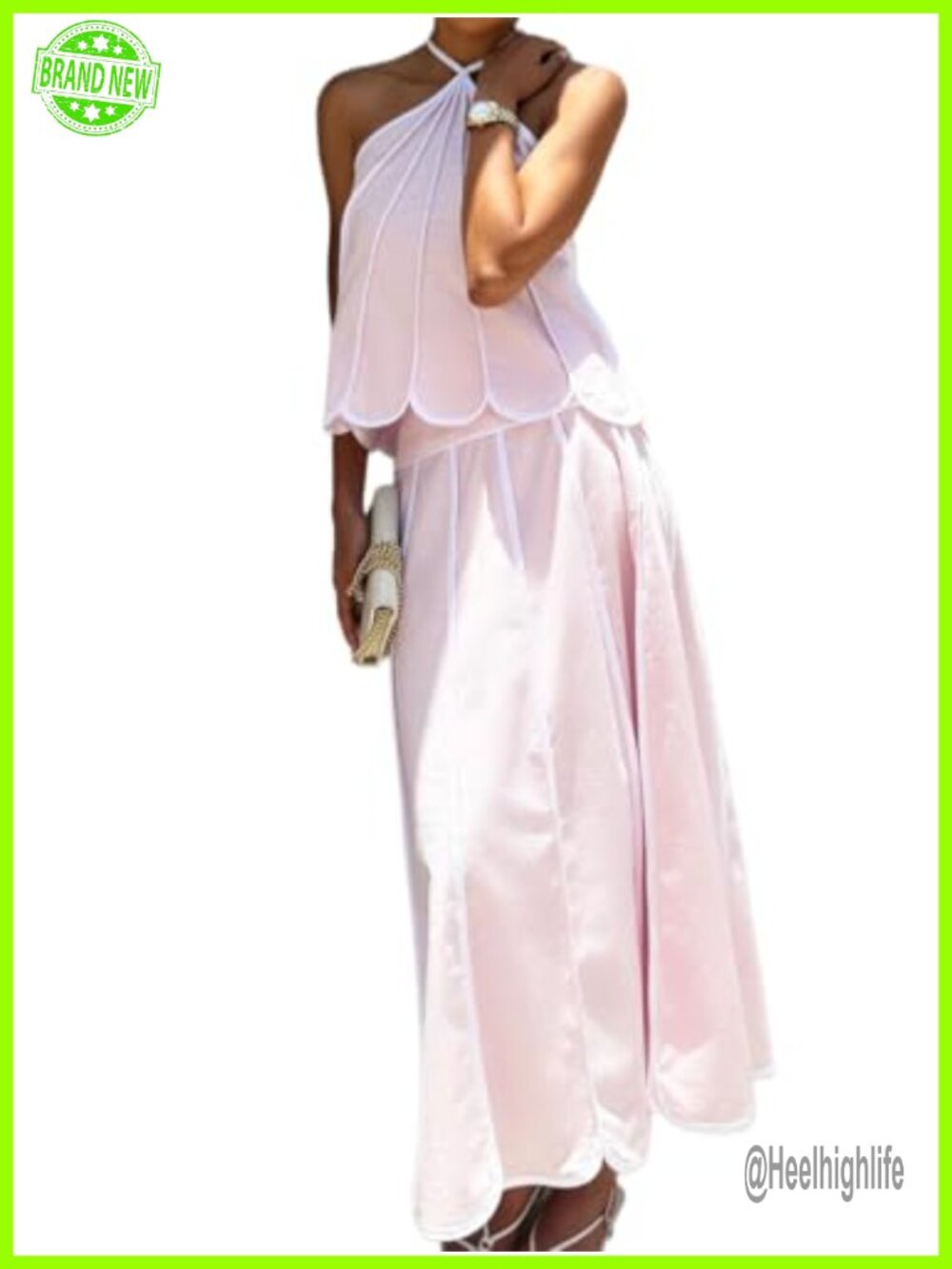 Two Piece Halter Scallop Edge Top Maxi Skirt Set Dressy Summer Going Out
